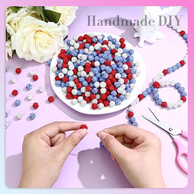 Dowarm 255PCS 10mm Rhinestone Beads for Baseball Rhinestone Necklace Bracelet Jewelry Making, Round Polymer Clay Beads for Crafts Beaded Pen, DIY Shamballa Pave Disco Ball Bead, White|Ice Blue|Red