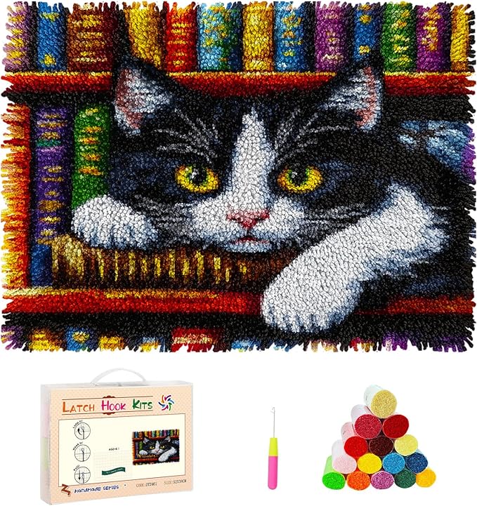 DIY Latch Hook Rug Kits Black and White Cat on Bookshelf Stamped Non-Slip Mat Crochet Yarn Hook and Latch Emboridery Tapestry for Home Floor Decor and Pet Warm Cushion 52x38cm(3)