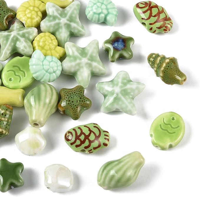26Pcs Porcelain Ceramic Ocean Beads, 13 Styles Sea Seashell Fish Conch Starfish Porcelain Loose Spacer Beads for DIY Necklaces Bracelets Crafts Supplies