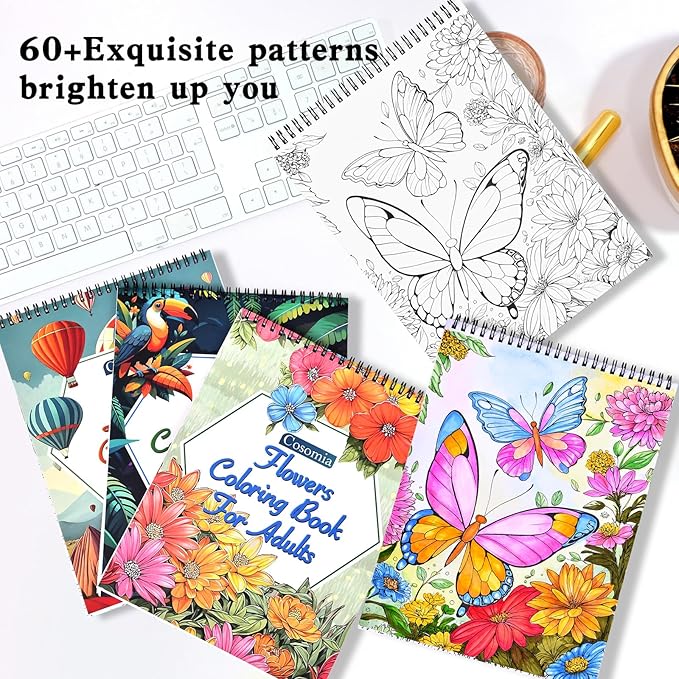 Cosomia Adult Coloring Books Set, 3 Fun Coloring Books for Adult Relaxation, 60 Pages of Flowers Nature Landscapes Animals, Brain Game for Adults