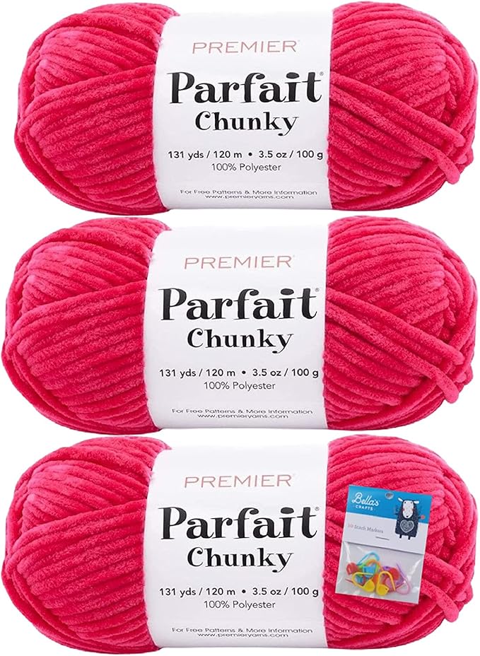 Premier Yarns Parfait Chunky Chenille Yarn 3.5 Oz 6 Super Bulky Weight 3 Pack Bundle with Bella's Stitch Place Holders (Bright Pink)