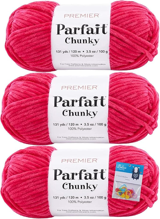 Premier Yarns Parfait Chunky Chenille Yarn 3.5 Oz 6 Super Bulky Weight 3 Pack Bundle with Bella's Stitch Place Holders (Bright Pink)