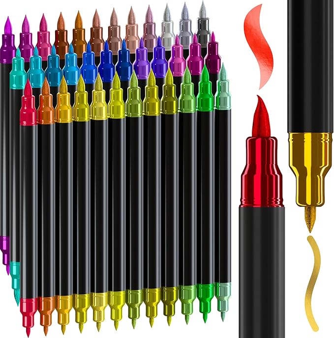 ARTISTRO 36 Metallic Acrylic Paint Markers - Paint Pens for Drawing, Brush + Fine Tips - For Fabric, Rock, Glass, Wood, Eggs - Art & Craft Supplies for Adults, Teens, Kids - Easter Basket Stuffers