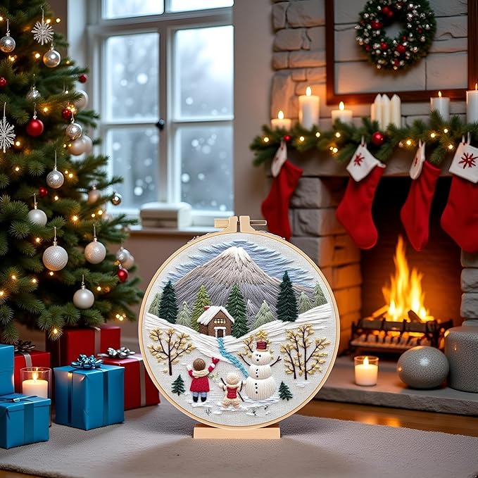 haootadiy christmas beginner embroidery kit for adults, easy cross stitch kit for beginners and adults, full embroidery hoop kit with needles and thread included (pattern 9)