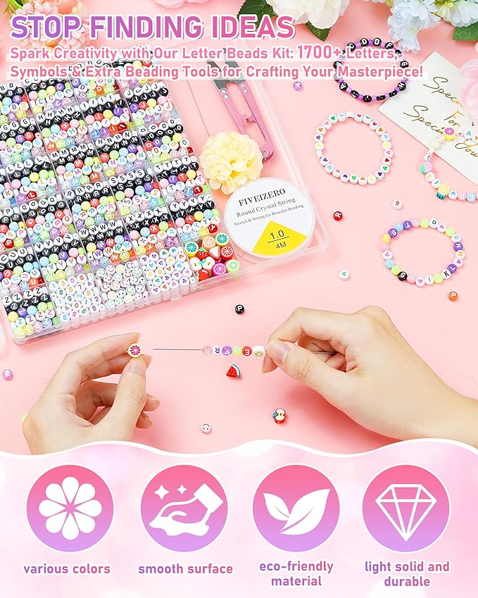 1760PCS FIVEIZERO Colored Round Letter Beads, 4x7mm Acrylic Alphabet Beads for Jewelry Making, Friendship Bracelet Making Kit for Necklace, Keychain & DIY Crafts