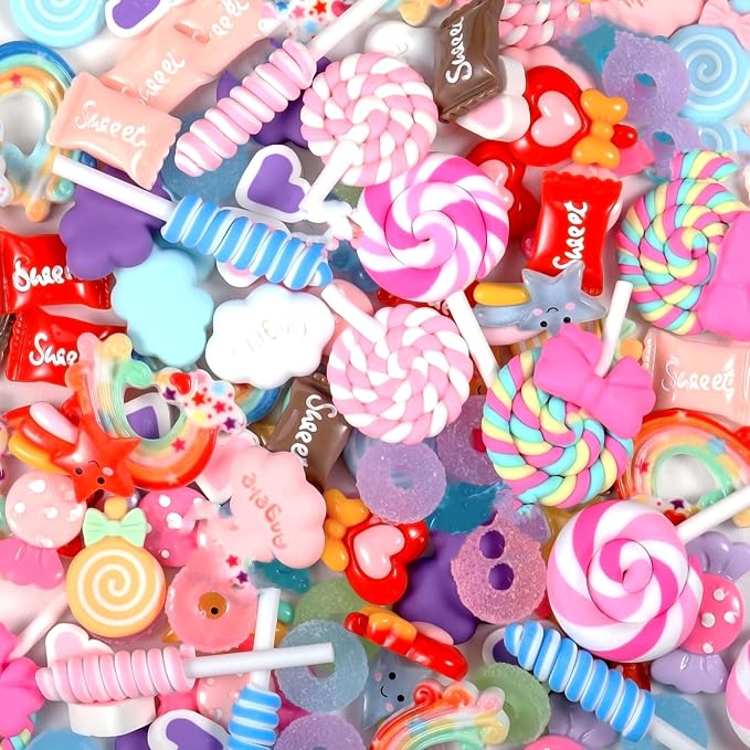 WILLBOND 50 Pieces Assorted Charms Cute Set Flatback Beads Making Kit Mixed Candy Sweets Resin Random Kawaii Candy Resin Ornaments for DIY Craft Scrapbooking Decoration