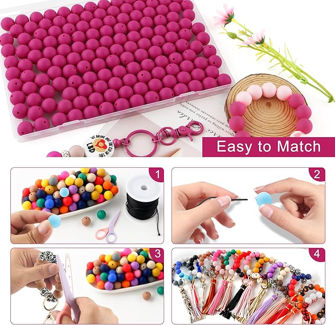 150Pcs 15mm Silicone Beads for Keychain Making Bracelet Necklace, Bulk Round Silicone Beads for Pens（Violet Red）