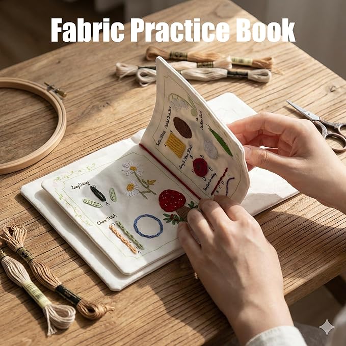TenDawn Basic Embroidery Starter Kit – 12 Essential Stitches, Fabric Practice Book for Beginners, Easy Entry Sewing Set