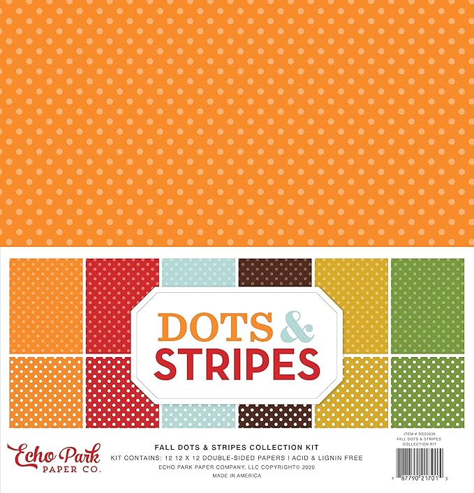 Echo Park Paper Company Dots & Stripes -Fall Collection Kit, red, Green, Orange, Yellow, Brown, Teal 12-x-12-Inch