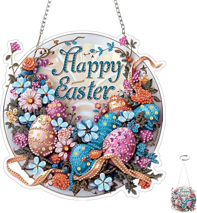 TOSTOG Easter Egg Plate Diamond Art Pendant Kits for Adult, Pink Diamond Painting Hanging Kit for Beginners, 5D DIY Crafts Gem Art, Waterproof Full Accessories for Home Decor Idea 20 * 20 cm/8 * 8 in