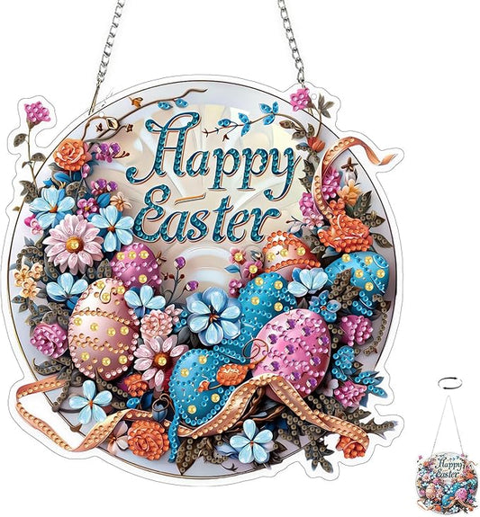 TOSTOG Easter Egg Plate Diamond Art Pendant Kits for Adult, Pink Diamond Painting Hanging Kit for Beginners, 5D DIY Crafts Gem Art, Waterproof Full Accessories for Home Decor Idea 20 * 20 cm/8 * 8 in
