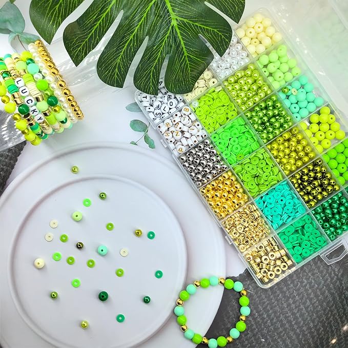 2220Pcs St. Patrick's Day Beads for Bracelets Jewelry Making, Green Assorted Bracelet Making Kit Clay Beads Pearl Beads Acrylic Round Beads Heishi Beads Letter Spacer Beads Bulk for Earrings DIY Craft