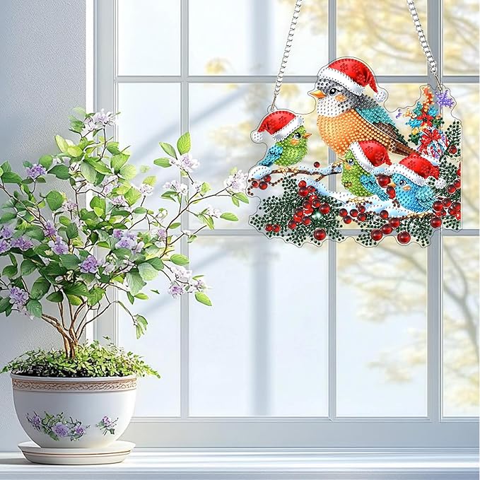 QENSPE Christmas Birds Diamond Art Hanging Kits for Adults with Chain, 5D Special Shape Berries Diamond Paingting Ornaments Kits,Easy DIY Crystal Pendant Gem Art for Home Garden Wall Decor 8X8 inch