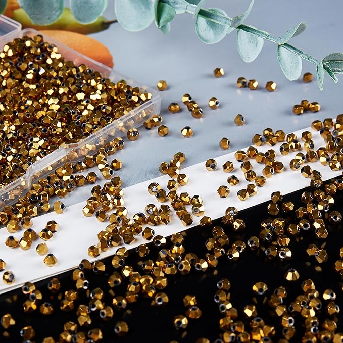 laopottbeads 1200pcs 3mm bicone crystal glass beads for jewelry making, sparkling mini beads for suncatchers, diy bracelets & craft projects (coffee gold)