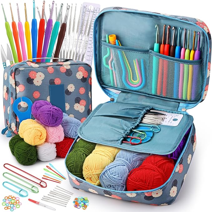 LOKUNN Crochet Kit for Beginners, 102 PCS Crocheting Kit Beginner, Crochet Starter Set with Crochet Yarn for Adults (Blue)
