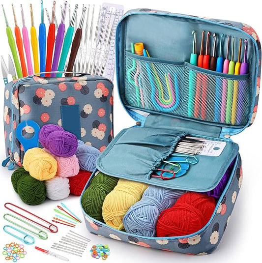 LOKUNN Crochet Kit for Beginners, 102 PCS Crocheting Kit Beginner, Crochet Starter Set with Crochet Yarn for Adults (Blue)