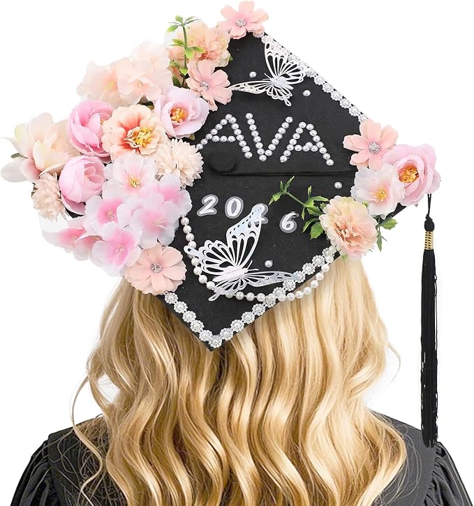 VISSTREE DIY Graduation Cap Decorations, 40 Pcs 2026 Grad Cap Topper Decorations Kit with Artificial Flower, Glitter Paper, 3D Butterfly, Pearls Alphabet Stickers, Lace for 2026 Graduate Supplies Gift