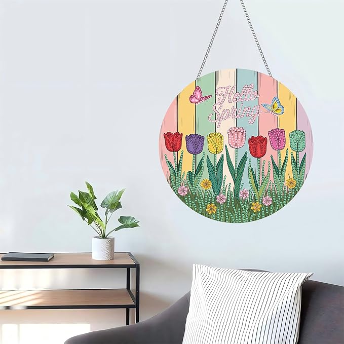 LOMSIOY Diamond Art Hanging Kit for Adult, Spring Front Door Sign Window Hanging for Outdoor, Tulips Double Sided Easter Decor Suncatcers for Porch, Diamond Painting Pendants for Garden 8 x 8 Inch