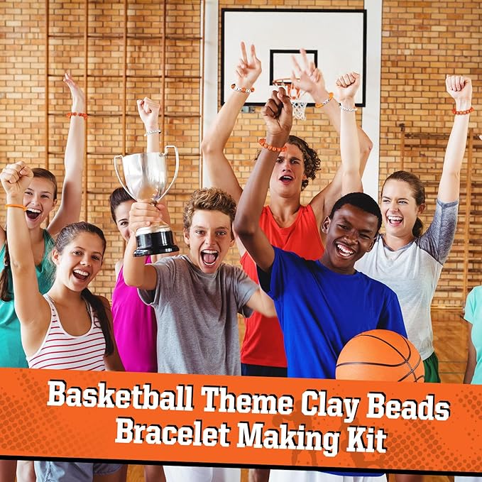 Ferreve 4200 Pcs Basketball 12 Strands Clay Beads Bracelet Making Kit, 100 Letter and Number Beads, 120 Basketball Acrylic with Gold Spacer, Charm Bracelet Kit for Sport Party