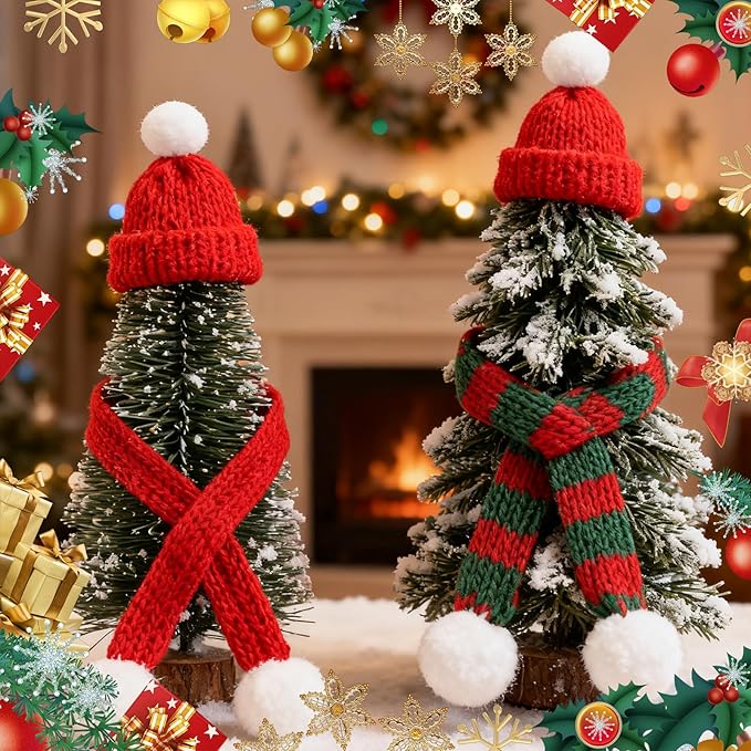 100 Pcs Mini Knit Hat Christmas Scarf Set Mini Santa Hats for Christmas Tree Ornaments DIY Craft Art Snowman