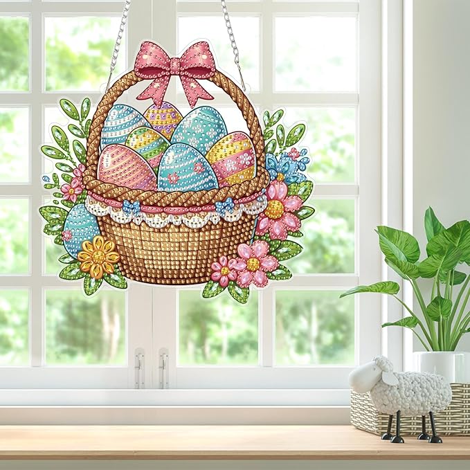 Bowetile Easter Diamond Art Hanging Kits for Adults, Diamond Art Suncatchers Easter Eggs Basket, 5D Special Shape Diamond Painting Pendant Window Ornament Gifts for Home Wall Door Decor