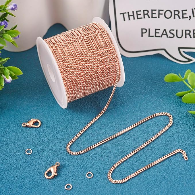 Pandahall 16.4 Feet Real Rose Gold Plated Brass Curb Chain Unwelded Twisted Jewelry Link Chains Bracelet Necklace Making Kit with Lobster Claw Clasps Jump Rings for DIY Jewelry Making