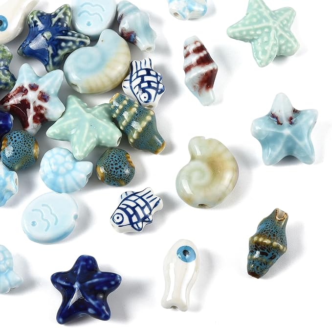 26Pcs Porcelain Ceramic Ocean Beads, 13 Styles Sea Seashell Fish Conch Starfish Porcelain Loose Spacer Beads for DIY Necklaces Bracelets Crafts Supplies