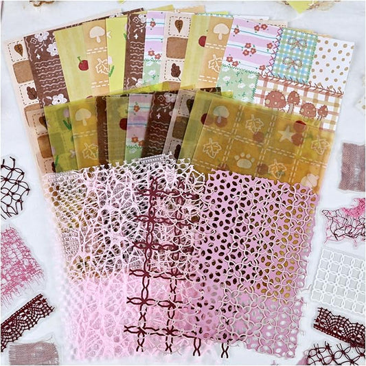 Diuhofart 47 Sheets Scrapbook Textured Papers for Crafts, Pink Theme Hollow Mesh Sticker Decorative Paper, Collage Materials for Junk Journaling Supplies