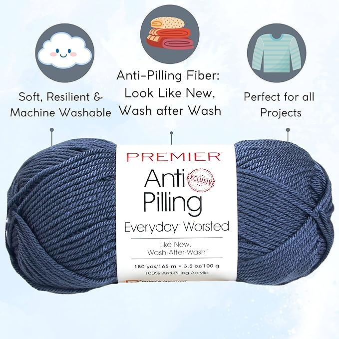 Premier Yarns Everyday Anti-Pilling Solid Blueberry DN100-84 (3-Skeins - Same Dye Lot) #4 Worsted Weight Acrylic Yarn for Crocheting and Knitting with Project Bag