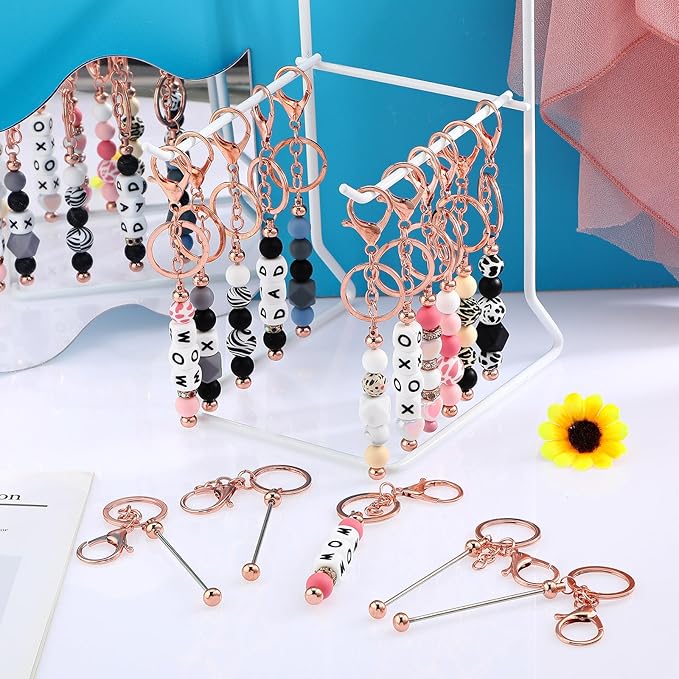 Tondiamo 24 Pcs Beadable Keychain Bars Bulk Beads for Keychain Making Kit Gifts for Women Men DIY Crafts(Rose Gold)