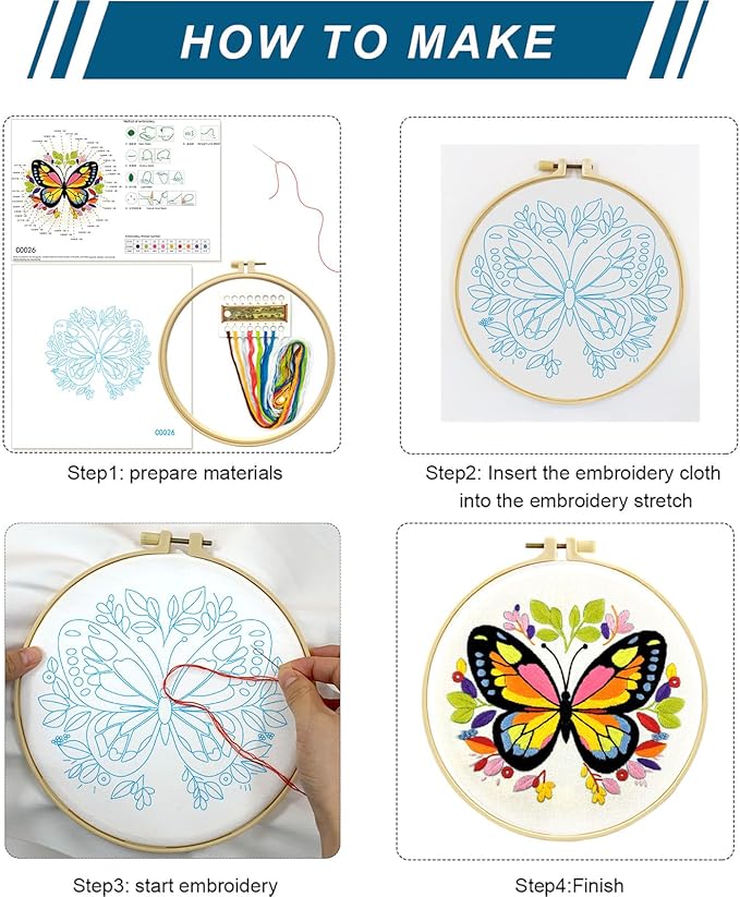 Zhenqing Butterfly Embroidery Kit 11.4x11.4 Inch - Complete Embroidery Set with Fabric, Threads, Needles & Hoop - Beginner-Friendly DIY Craft Kit for Adults (C0041)