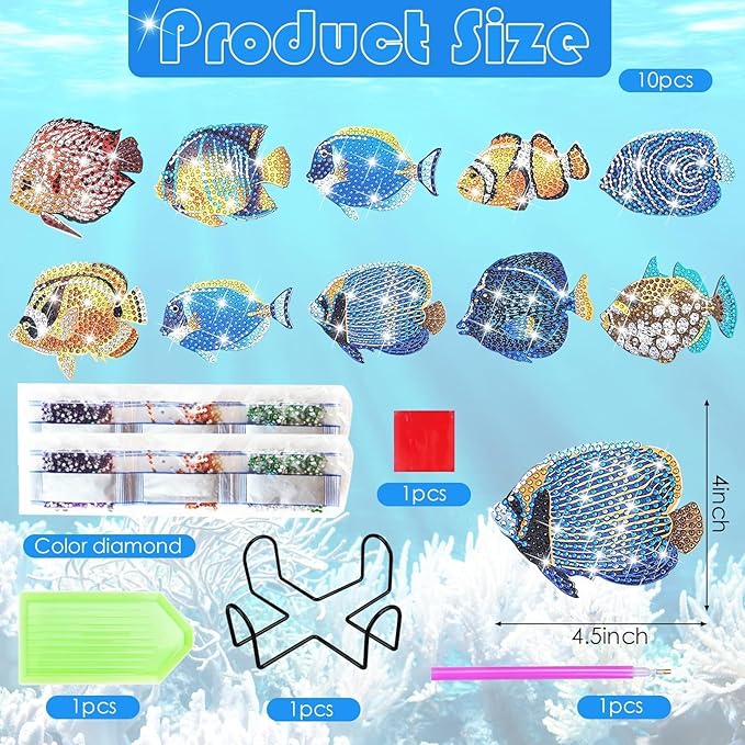 YLOLUL 10 Pcs Summer Fish Diamond Art Coasters Tropical Fish Shape Diamond Art Kits DIY Coasters with Holder for Beginner Adults Kids Craft Supplies Gift