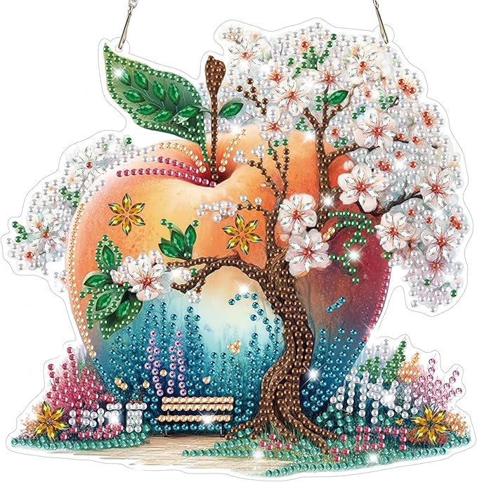Bowetile Cherry Blossoms Diamond Art Hanging Kits for Adults, Diamond Art Suncatchers Apple, 5D Special Shape Diamond Painting Pendant Window Ornament Gifts for Home Wall Door Garden Decor