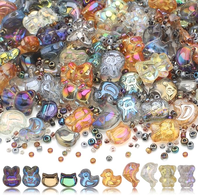 640pcs Shaped Animal Glass Beads for Jewelry Making, Shaped Cat/Rabbit/Duck/Bear/Dolphin Loose Spacer Beads for DIY Supplies Bracelets Necklaces Earrings
