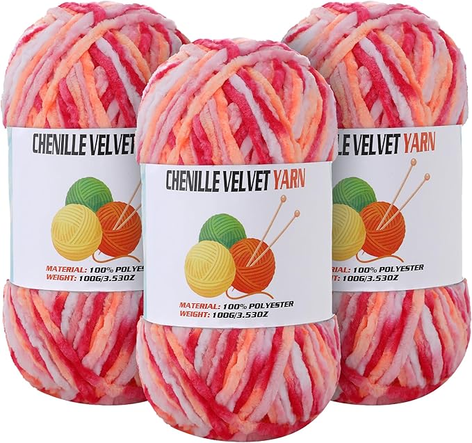 3 * 100g Velvet Chenille Chunky Yarn for Crocheting, Handcrafts Weaving Soft Chenille Yarn for Crocheting Clearance, Used for Making Baby Yarns Blanket, Clothes, Knitting Creations (Colorful - G)