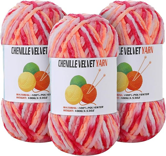 3 * 100g Velvet Chenille Chunky Yarn for Crocheting, Handcrafts Weaving Soft Chenille Yarn for Crocheting Clearance, Used for Making Baby Yarns Blanket, Clothes, Knitting Creations (Colorful - G)