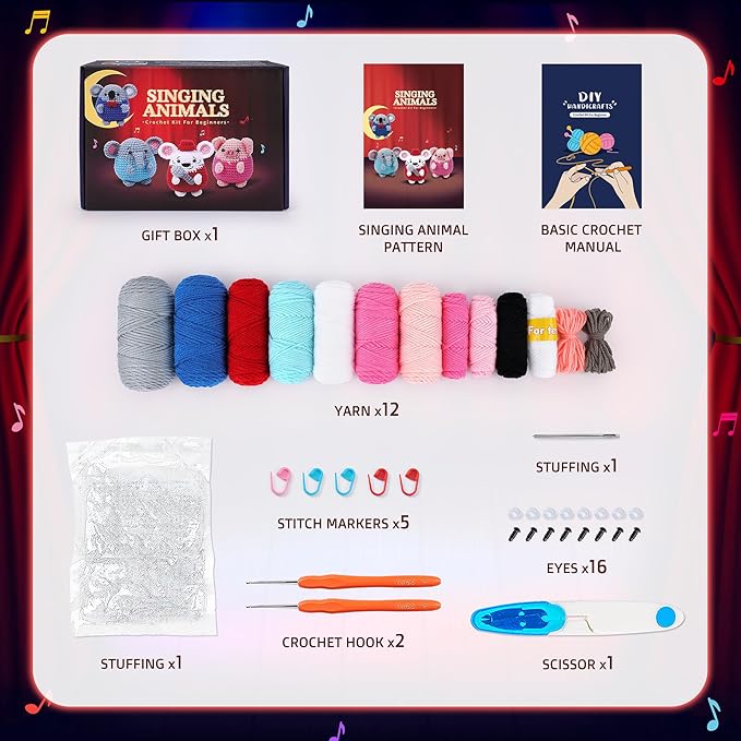 crochet kit for beginners - 4 pcs crochet starter kit with step-by-step video tutorials, for adults - elephant mouse pig koala microphone crocheting set