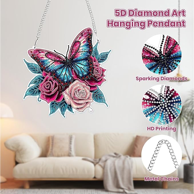 MOGTAA Butterfly Diamond Art Hanging Pendant Kits, 5D Special Shape Diamond Art Kits for Adults, Crystal Rhinestones Flowers Diamond Painting Gem Art for Home Garden Window Wall Decor