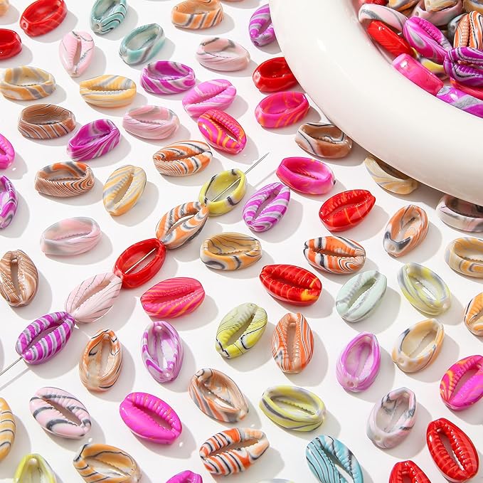 200pcs Acrylic Shell Beads Color Shell Bead Ocean Sea Theme Beads Summer Hawaii Beaded for Jewelry Making Beading Kit Bracelets DIY Supplies (Color line Shell)