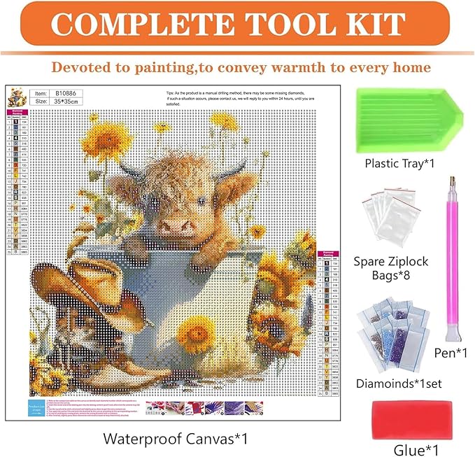 igoodom Cow Diamond Art Kits for Adults, Highland Cow Diamond Art Kits, Full Drill Round Sunflower Diamond Painting Kits, DIY Gem Art and Crafts for Home Wall Decor Gift 14x14inch