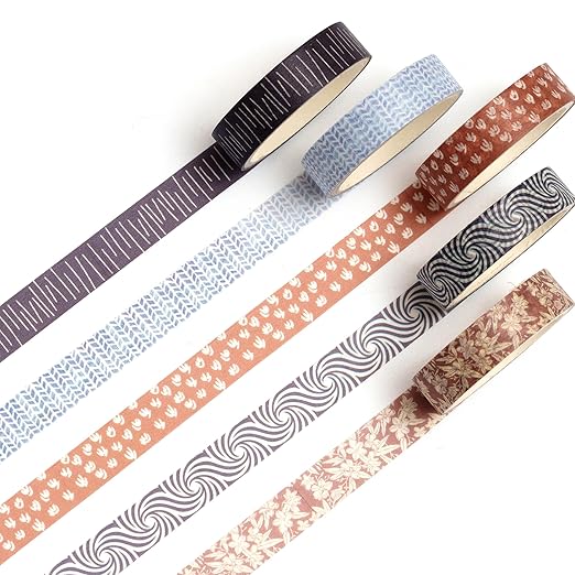 Fantasy Washi Tape Set - 5 Rolls Texture Arts Adhesive Tapes Basic Patterns Decorative Masking Tape Sets for Craft, Kids, Scrapbook, DIY, Gift Wrapping (1-Earthy Abstract)