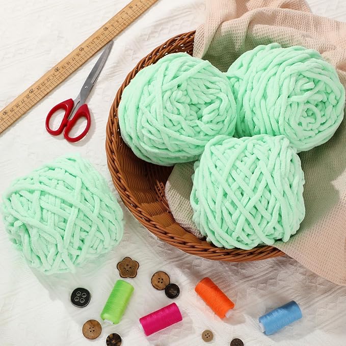 Buryeah Chunky Chenille Yarn for Crocheting Soft Thick Fluffy Yarn for Hand Knitting Bulky Velvet Blanket Plush for Weaving DIY Crafts Each 3.5 oz 55 Yards(Light Aqua,4 Pack)