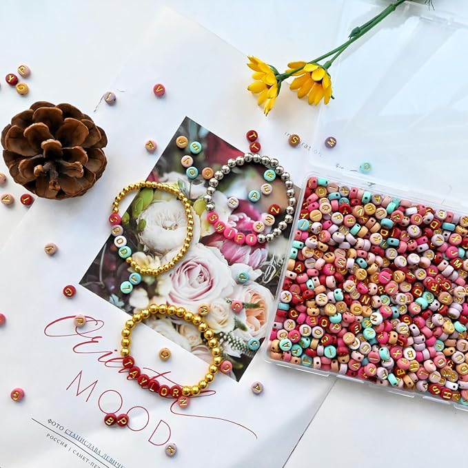 1000pcs Colorful Letter Beads Gold 7x4mm and Elastic String with Storage Box for Jewelry Making Bracelet Hair Braids Crafts