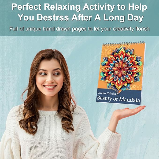 CKMOREL Spiral Bound Adult Coloring Book, Mandala Coloring Book for Adults, Thick Paper, 24 Pages, Single-Sided, Mindfulness Gift for Women