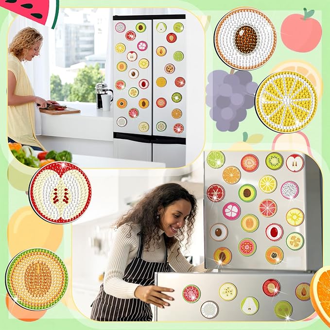 Motipuns 30 Pcs Fruit Magnetic Diamond Art Colorful Diamond Painting Magnets Kits Adult DIY Art Fridge Magnet Refrigerator Sticker for Beginners Gifts Home Car Garage Decors