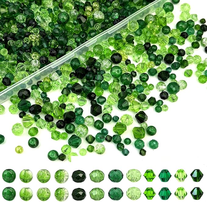 1000pcs Crystal Glass Beads for Jewelry Making - Green Color Assorted Size and Styles (Bicone, Rondelle, Crackle Round) Craft Glass Beads, DIY Bracelet Necklace Earring Craft Kit with Organizer Box