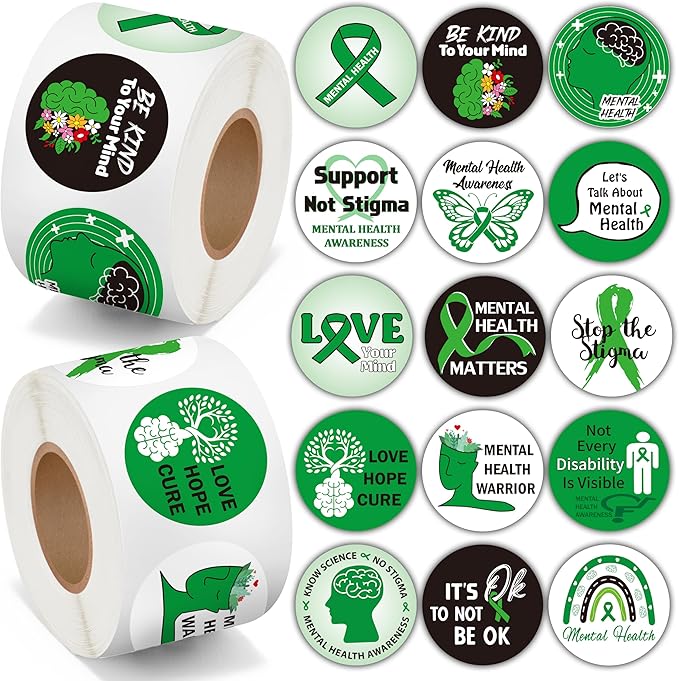 beyumi mental health awareness stickers - 1000pcs mental health awareness round sticker in 2 rolls green ribbon decal school event fundraiser campaign laptop bottle gift envelope decor for kids teens