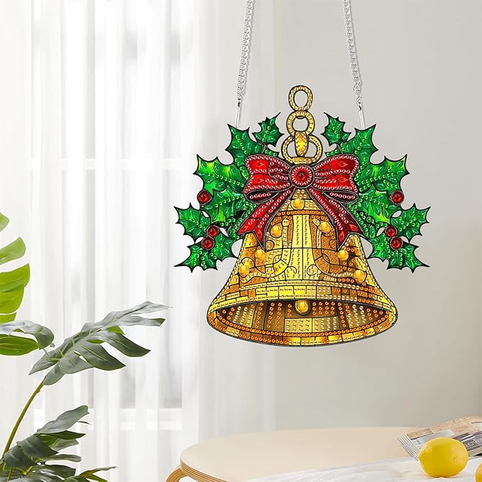 Reofrey Hanging Diamond Art Kits for Adults - 8x8 Inch Christmas Bells Acrylic Board Double Sided Pattern Diamond Art Suncatcher Pendant, Crystal Art for Home Wall or Window Decoration Handmade Gift