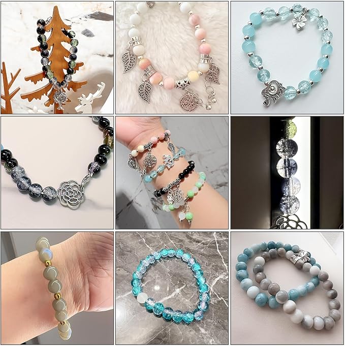 8mm Glass Bead Bracelet Making Kit for Adults & Teens – 414pcs Real Crackle Glass Beads with Charms, Neutral Color Jewelry Set