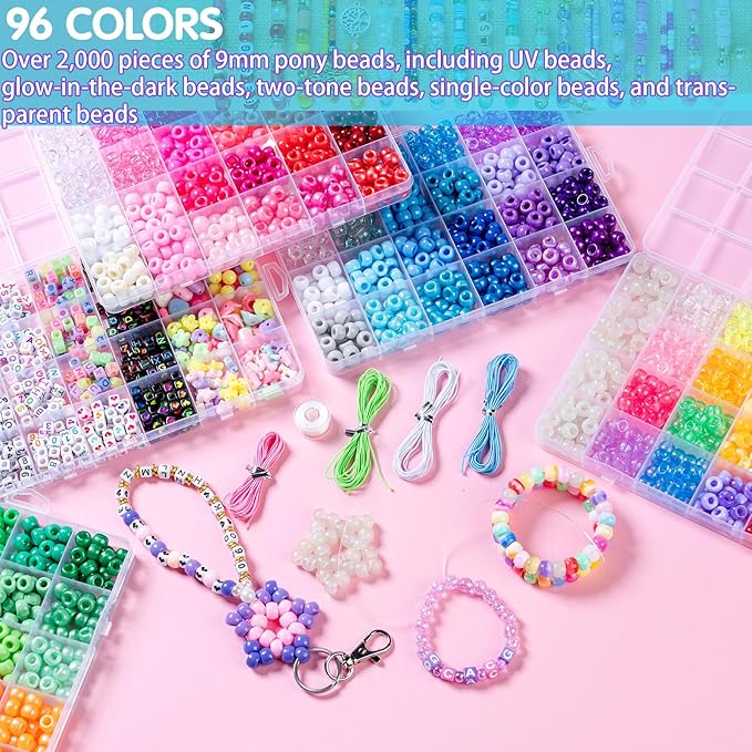 SJZWSD 5 Boxes Bracelet Making Kit Pony Beads, 6x9mm Kandi Rave & Hair Beads Set with UV Color Changing, Glow-in-Dark, Chrome & Alphabet Letters for Friendship Jewelry DIY Crafts